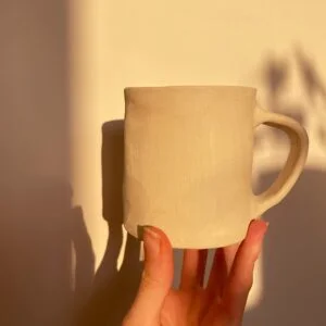 Slab built mug, pottery studio, ceramic mug
