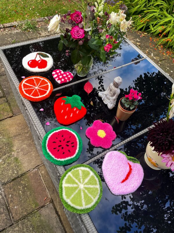 Mini Rug Group Shot, Tufted Rugs, Cherry Rug, Strawberry Rug, Flower Rug, Watermelon Rug, Lime Rug. Checkerboard Pink Heart Rug, Tufting Workshops, Tufting Classes