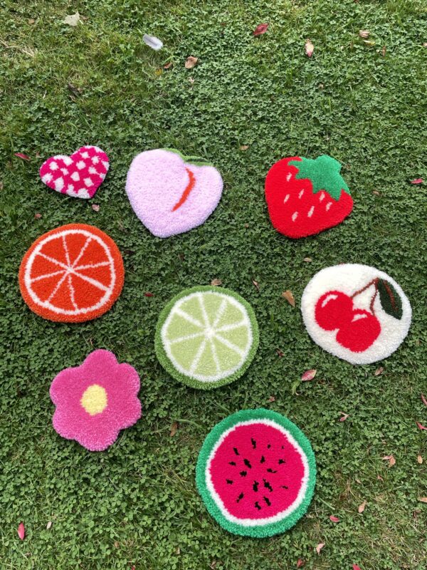 Mini Rug Group Shot, Tufted Rugs, Cherry Rug, Strawberry Rug, Flower Rug, Watermelon Rug, Lime Rug. Checkerboard Pink Heart Rug, Tufting Workshops, Tufting Classes